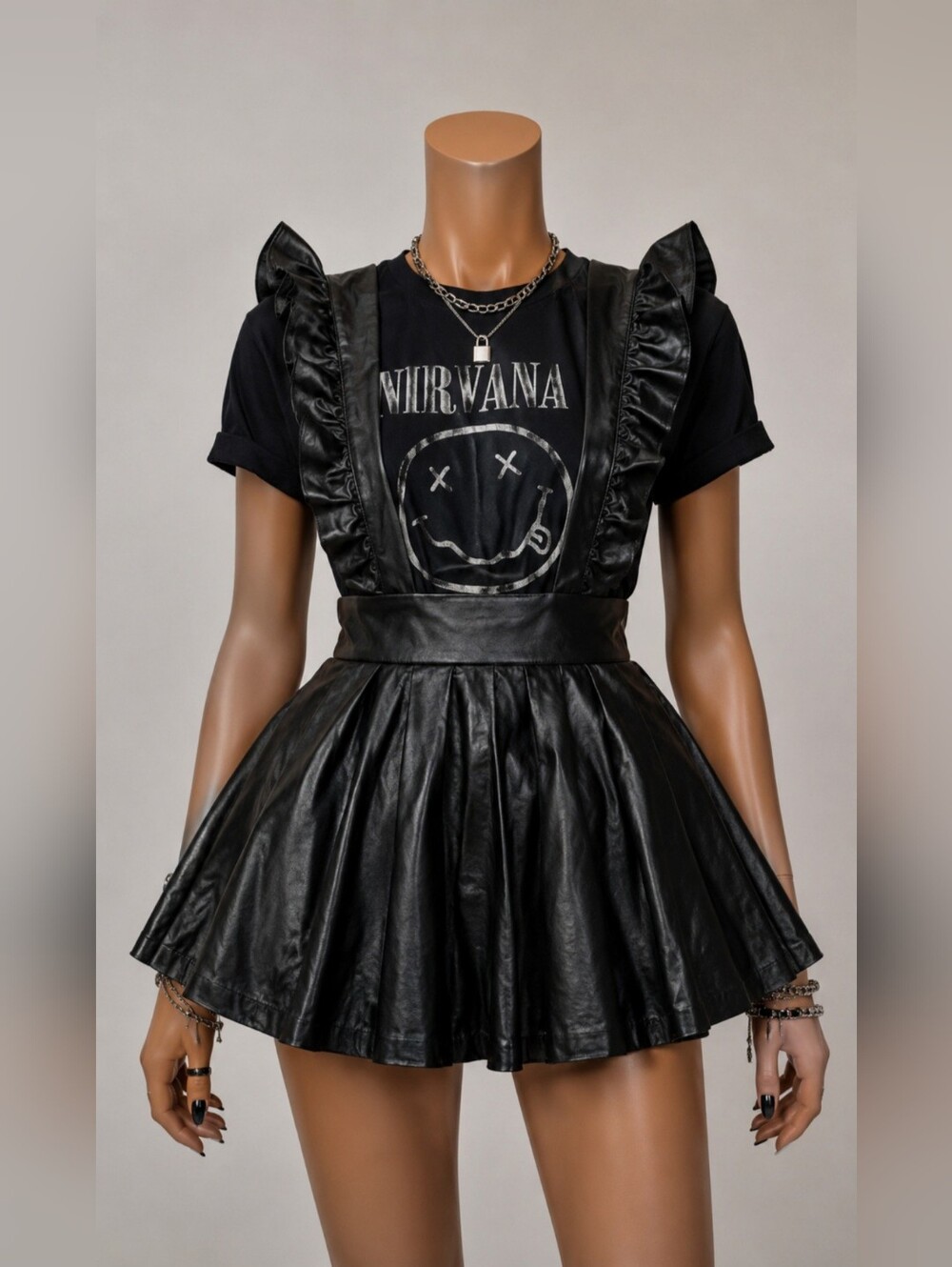 NWT Euphoria Faux Leather Ruffle Skater Pinafore Jumper Dress Goth Alt Small